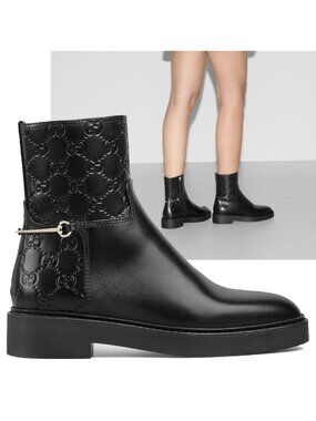 GUCCI BOOTS BLACK LEATHER GG LOGO HORSEBIT ANKLE BOOTIES